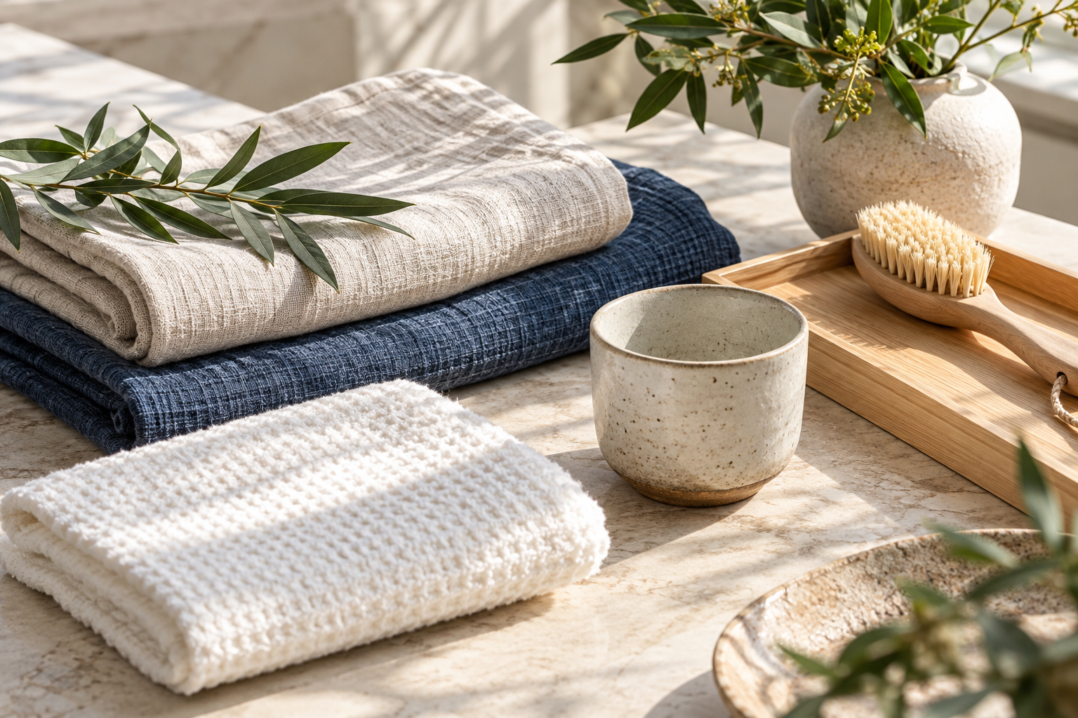 Natural textiles, ceramics and wooden household essentials in soft daylight