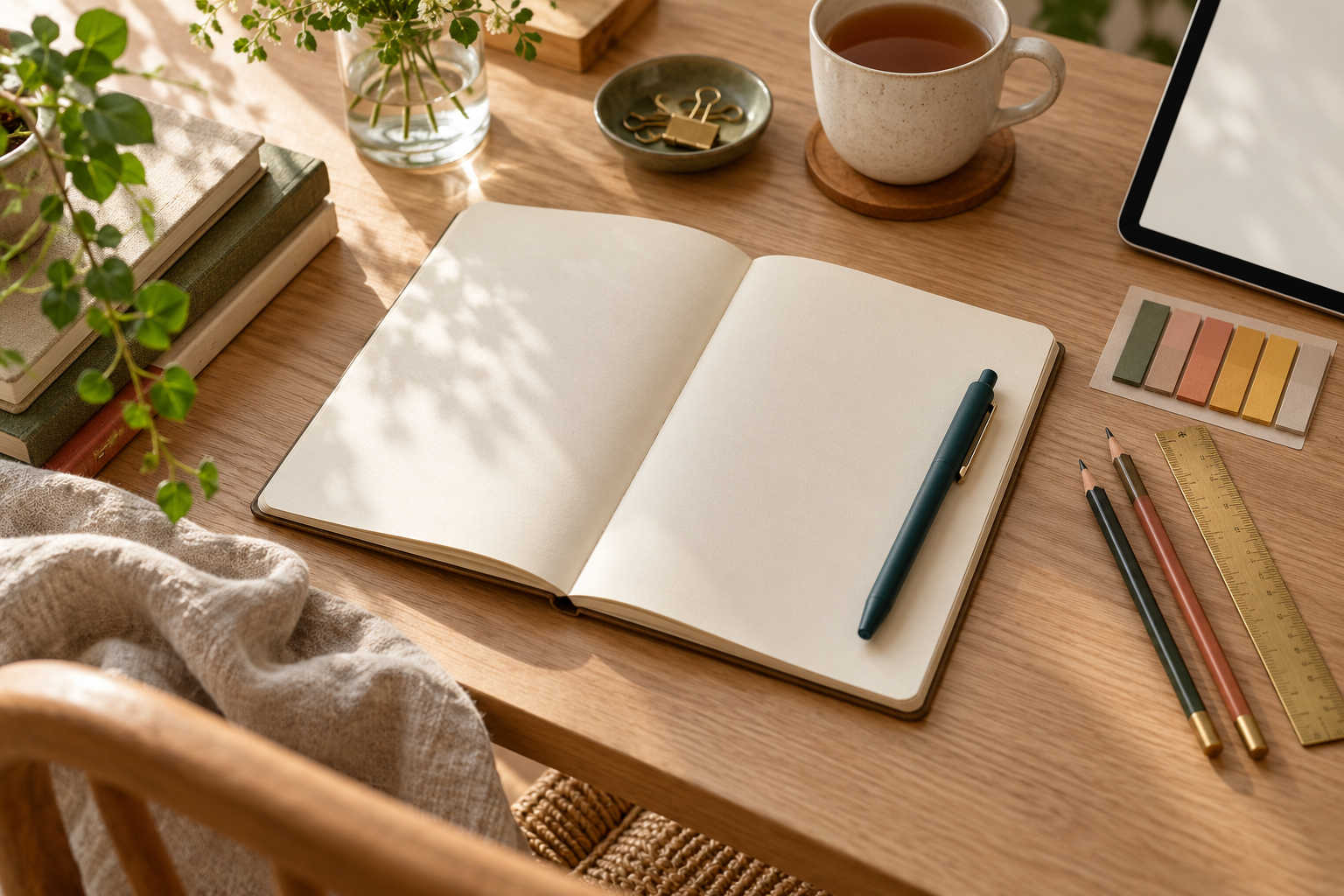 Open notebook, teal pen and colourful stationery on a sunlit wooden desk
