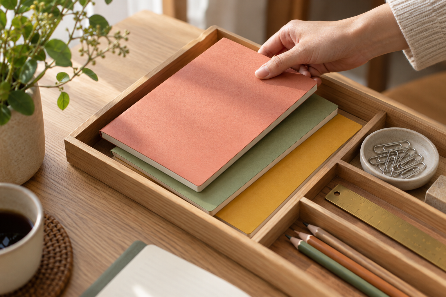 Warmly coloured notebooks, pencils and a brass ruler arranged in a wooden tray